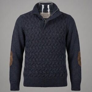 Rocha John Rocha Mens M Navy Blue Sweater Quarter Zip Toggle Cable Knit Patches